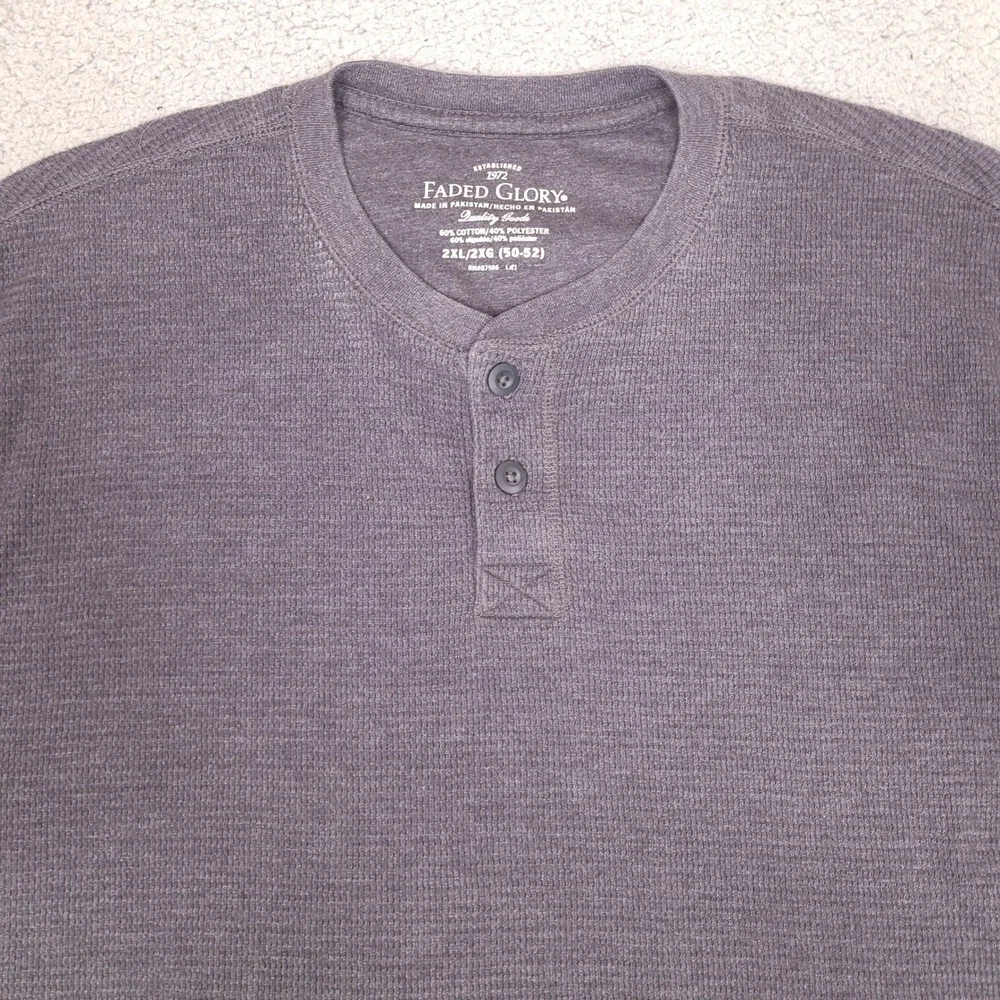 Faded Glory Mens Shirt XXL Gray Waffle Knit Long Sleeve Henley Tee Thermal Layer